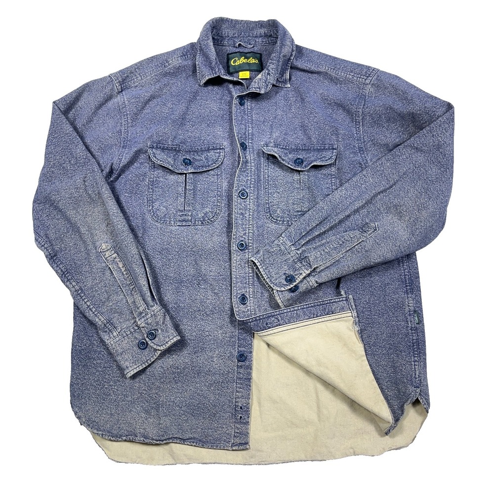 Cabelas Shirt‎ Men Large Blue Button Up Chamois Cloth Camp Faded Shacket Adult *